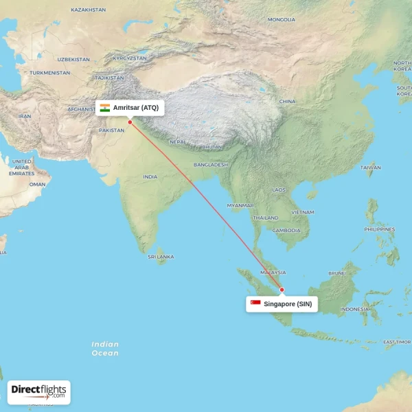 Singapore - Amritsar direct flight map