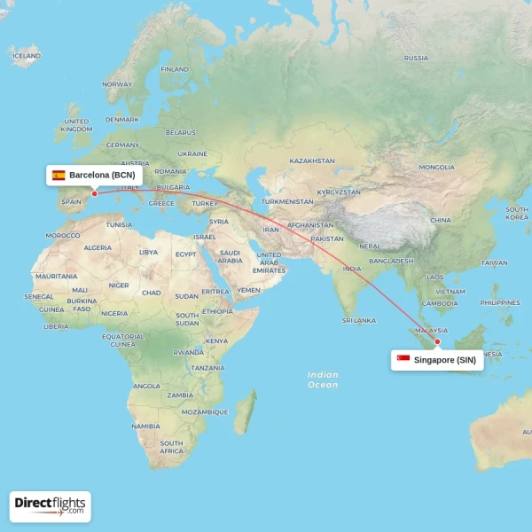 Singapore - Barcelona direct flight map