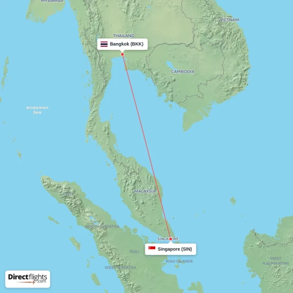 Singapore - Bangkok direct flight map