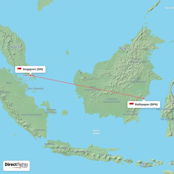 Singapore - Balikpapan direct flight map