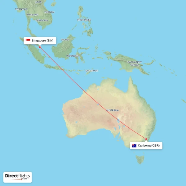 Singapore - Canberra direct flight map