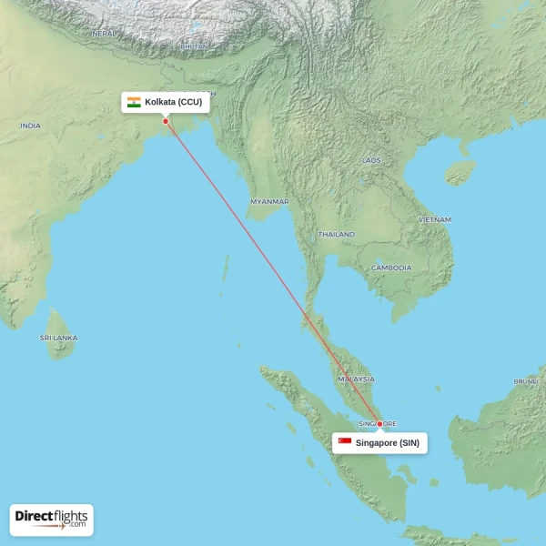 Singapore - Kolkata direct flight map