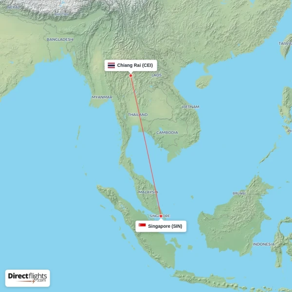 Singapore - Chiang Rai direct flight map