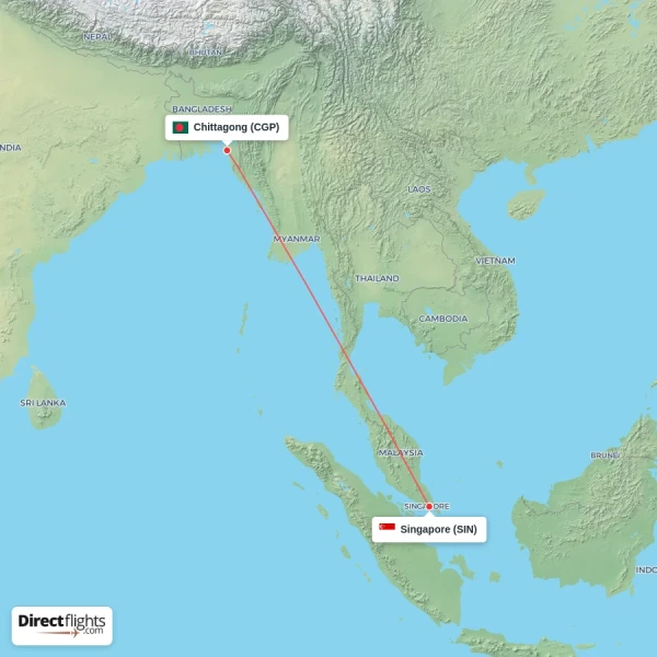 Singapore - Chittagong direct flight map