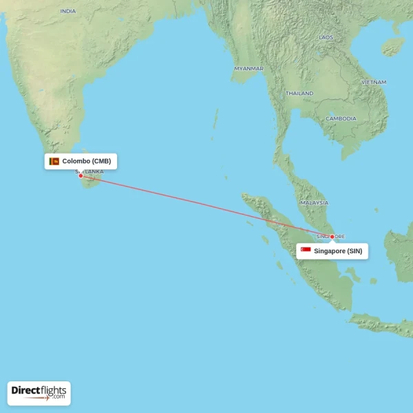Singapore - Colombo direct flight map