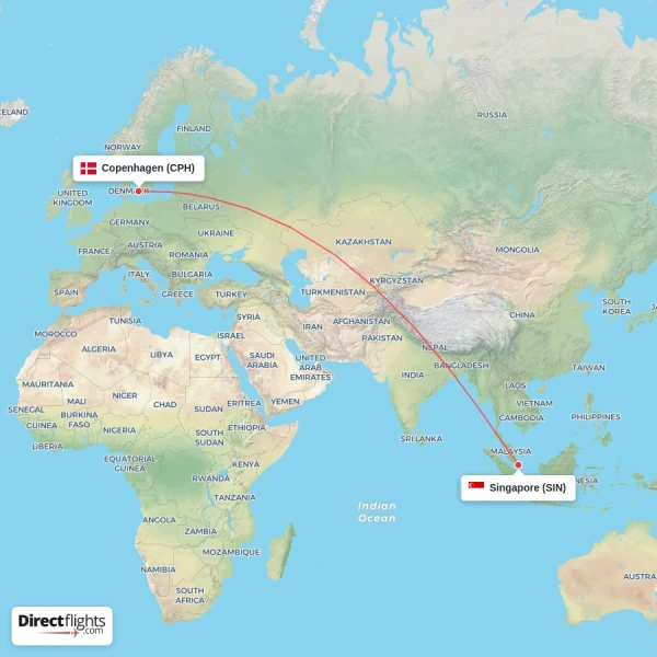 Singapore - Copenhagen direct flight map