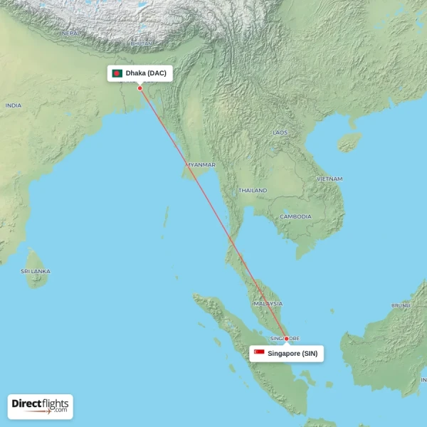 Singapore - Dhaka direct flight map