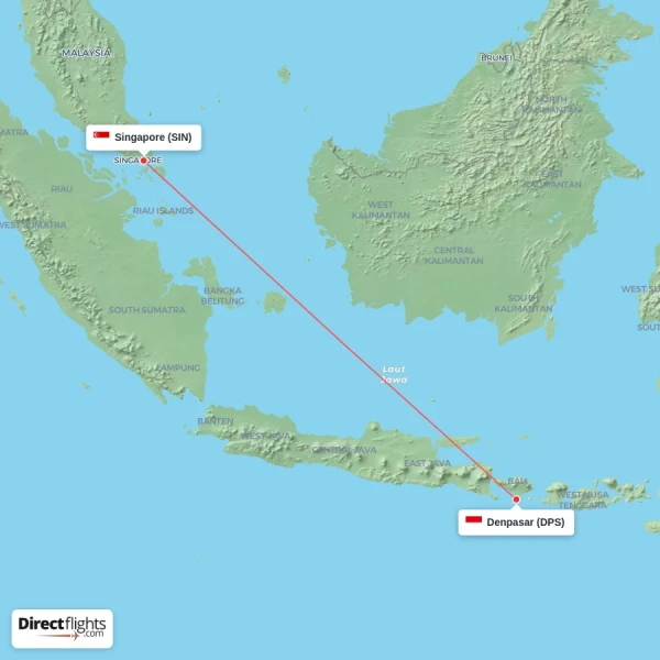 Singapore - Denpasar direct flight map