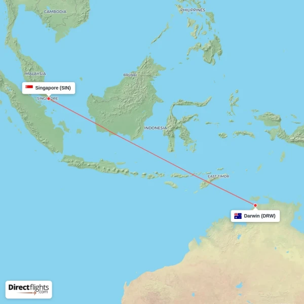 Singapore - Darwin direct flight map