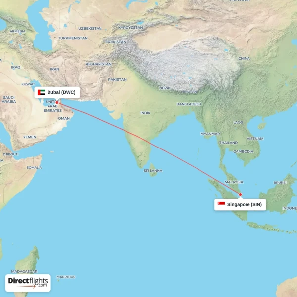 Singapore - Dubai direct flight map