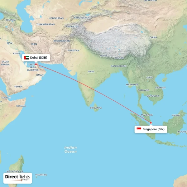 Singapore - Dubai direct flight map