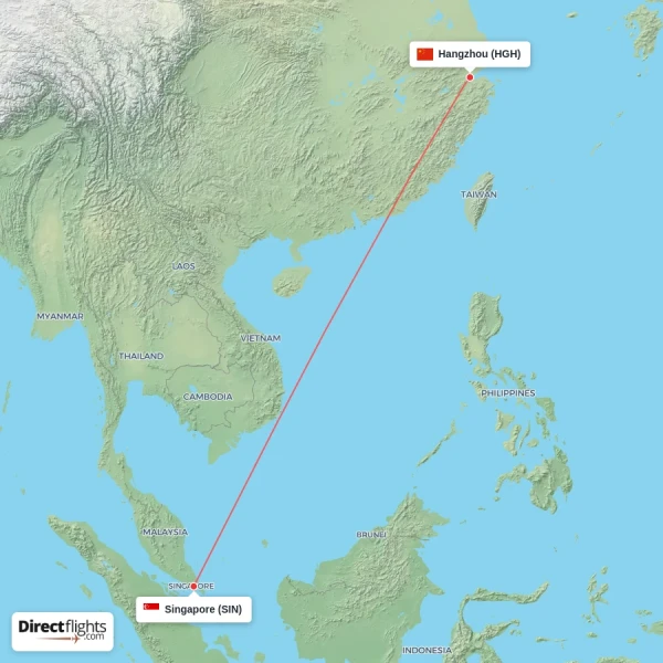 Singapore - Hangzhou direct flight map