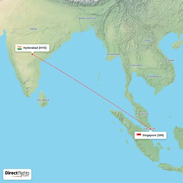 Singapore - Hyderabad direct flight map