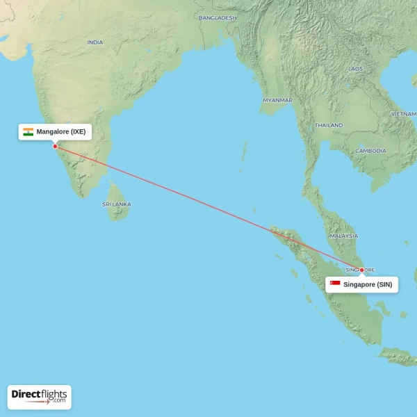 Singapore - Mangalore direct flight map
