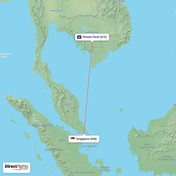 Singapore - Phnom Penh direct flight map