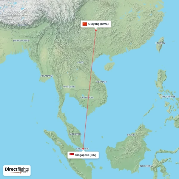 Singapore - Guiyang direct flight map