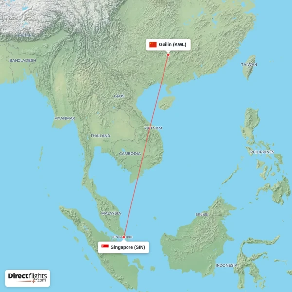 Singapore - Guilin direct flight map