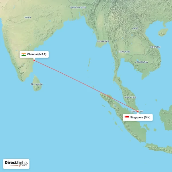Singapore - Chennai direct flight map