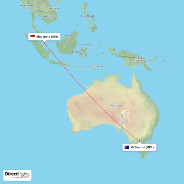 Singapore - Melbourne direct flight map
