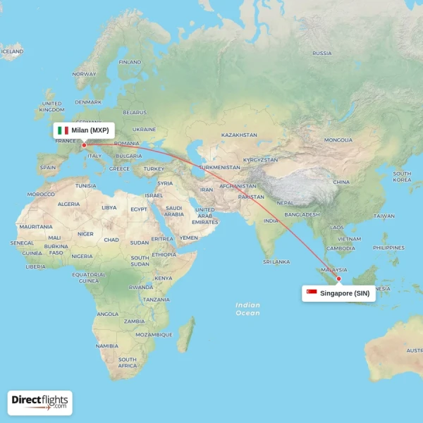 Singapore - Milan direct flight map