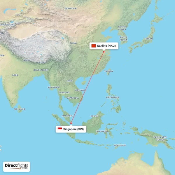 Singapore - Nanjing direct flight map