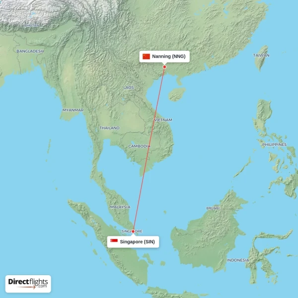 Singapore - Nanning direct flight map