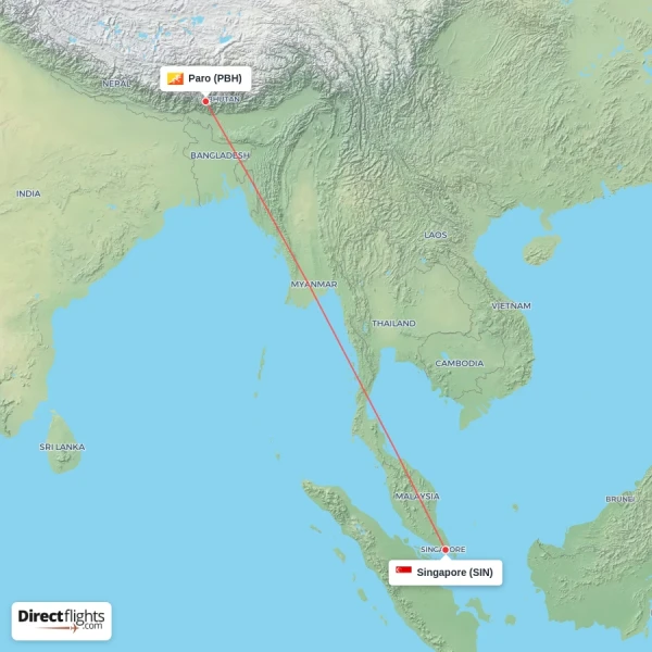 Singapore - Paro direct flight map