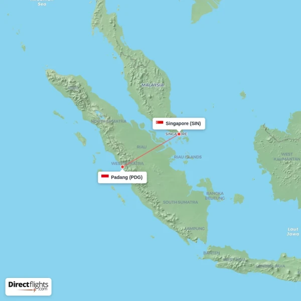 Singapore - Padang direct flight map