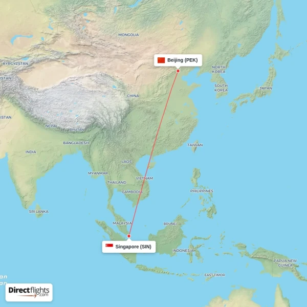 Singapore - Beijing direct flight map