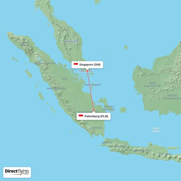 Singapore - Palembang direct flight map