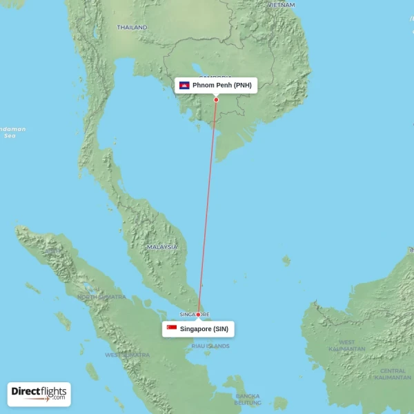 Singapore - Phnom Penh direct flight map