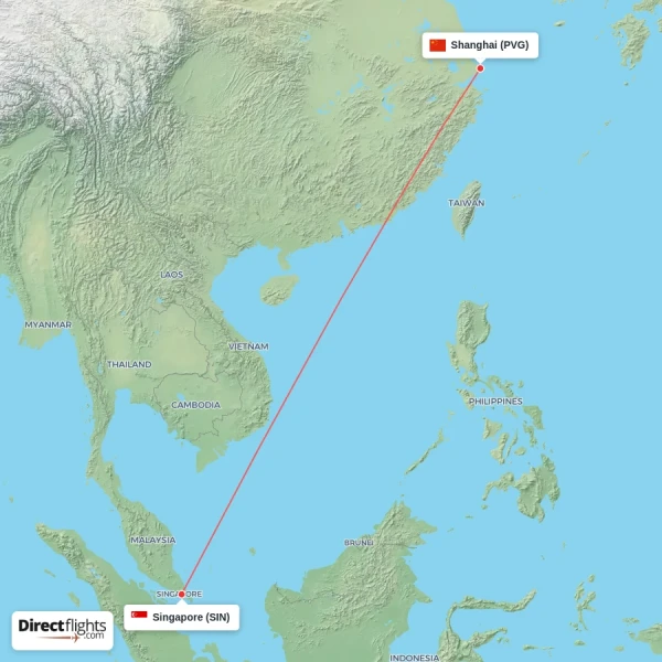 Singapore - Shanghai direct flight map