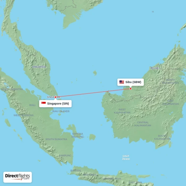 Singapore - Sibu direct flight map