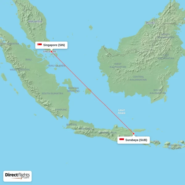 Singapore - Surabaya direct flight map