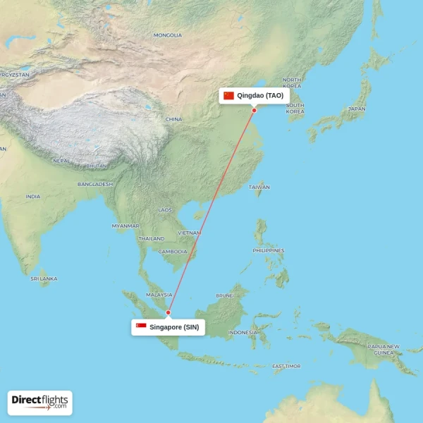 Singapore - Qingdao direct flight map