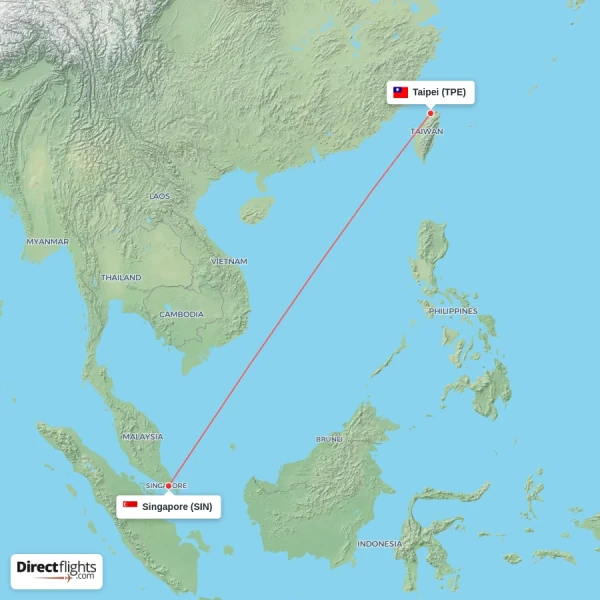 Singapore - Taipei direct flight map