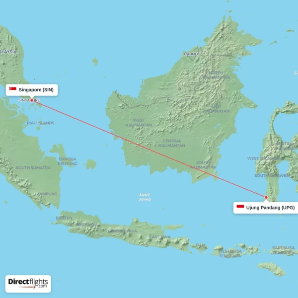 Singapore - Ujung Pandang direct flight map