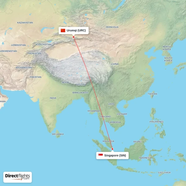 Singapore - Urumqi direct flight map