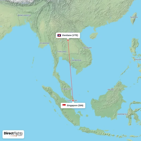 Singapore - Vientiane direct flight map