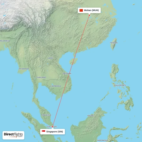 Singapore - Wuhan direct flight map