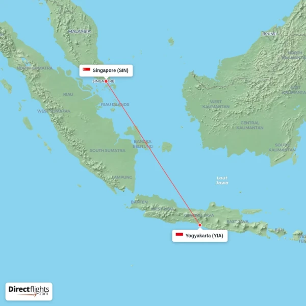 Singapore - Yogyakarta direct flight map