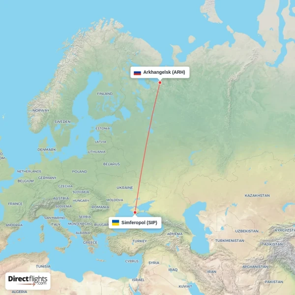 Simferopol - Arkhangelsk direct flight map
