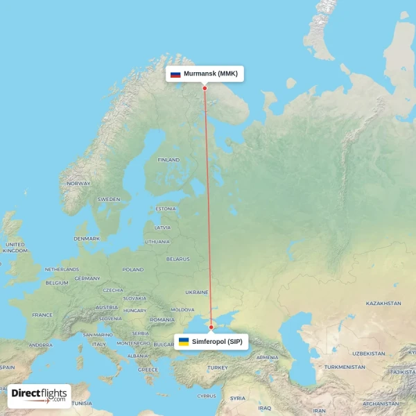 Simferopol - Murmansk direct flight map