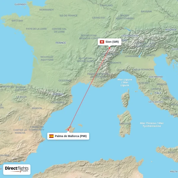 Sion - Palma de Mallorca direct flight map