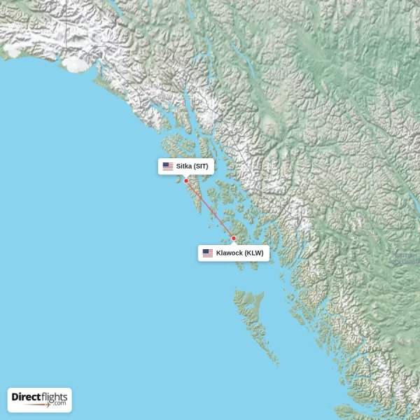 Sitka - Klawock direct flight map