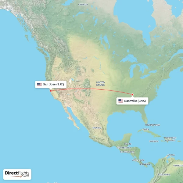 San Jose - Nashville direct flight map