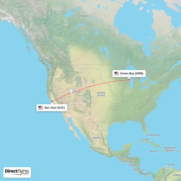 San Jose - Green Bay direct flight map