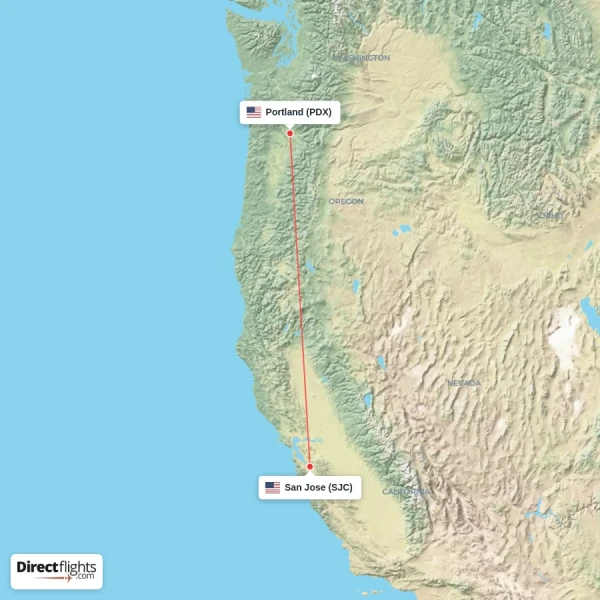 San Jose - Portland direct flight map