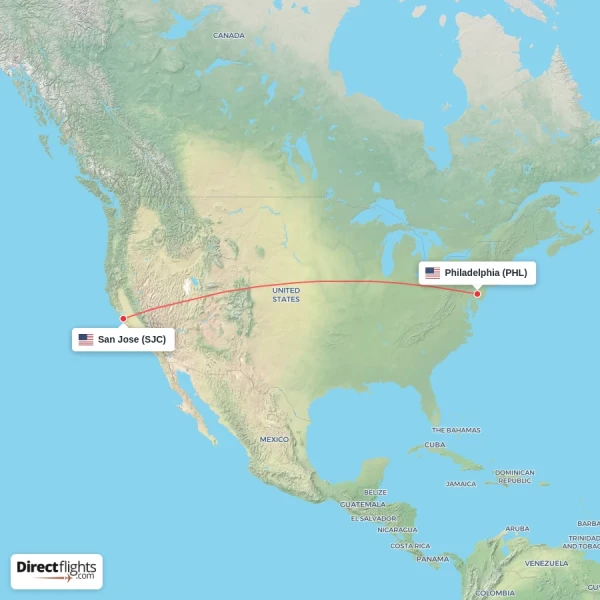 San Jose - Philadelphia direct flight map