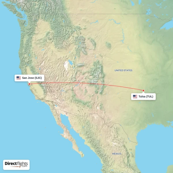 San Jose - Tulsa direct flight map